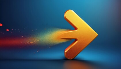 Poster - A vibrant orange arrow disperses colorful particles, symbolizing movement and direction against a blue background.