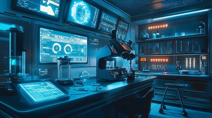 Fototapete - Explore the innovative design of a cutting-edge risk assessment center featuring advanced scientific equipment and aesthetic technology
