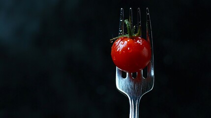 Wall Mural - A single, red, ripe cherry tomato sits on a silver fork against a dark background.  The tomato is wet, and there are droplets of water on the fork.