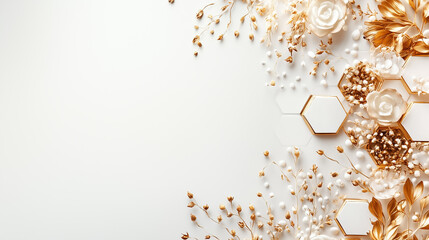 Poster - A stylish composition featuring golden flowers and honeycomb patterns on a clean, light background