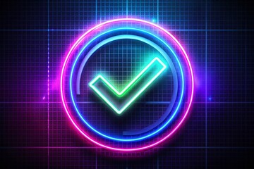 Poster - Animated Neon Check Mark Icon in a Dynamic Abstract Setting with Bright Colors and a Modern Aesthetic for Stock Photography Use in Digital Media and Marketing Projects