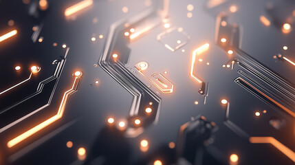 Poster - A close-up of a circuit board reveals glowing orange lights along intricate pathways, showcasing a modern look
