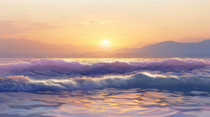 Poster - A picturesque ocean scene captures gentle waves reflecting soft pastel colors at sunset, creating a calming and beautiful coastal view for travel photography.