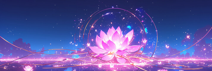 Poster - A captivating digital artwork of a lotus flower surrounded by twinkling lights and soft pastel colors, creating a dreamy and enchanting scene for graphic resources.
