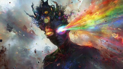 Poster - An abstract representation of a colorful figure with vibrant rays emanating from their eyes in a surreal landscape filled with dynamic textures