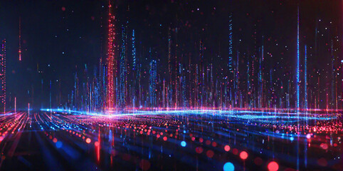 Poster - A futuristic digital artwork depicts a vibrant landscape of colorful data streams and light particles against a dark background, representing the essence of technology and innovation for graphic 