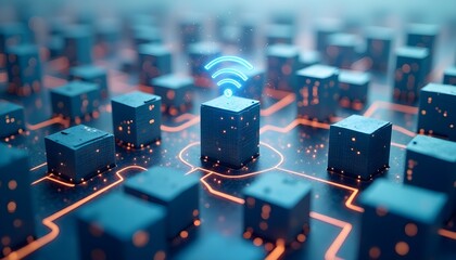 Poster - Digital cityscape with glowing circuits and wi-fi symbol, symbolizing smart city connectivity.