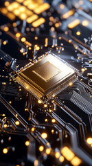 Poster - A close-up view of a glowing computer chip on a complex circuit board, highlighting modern technological intricacies