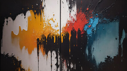 Poster - An abstract painting features bold splashes of color in vibrant hues of blue, red, and yellow, set against a black canvas, creating a dramatic and expressive visual impact for contemporary art.
