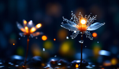 Poster - A mesmerizing underwater scene features illuminated lotus flowers with delicate water droplets, creating a magical and serene atmosphere for floral art and photography.