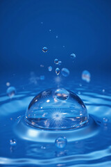 Poster - A close-up shot of a water dome captures droplets rising above a smooth surface, with a bright blue background creating a clean and serene atmosphere for artistic photography.