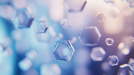 Poster - Close-up of transparent hexagonal shapes floating in a gradient blue and purple background, creating a modern abstract design for technology.