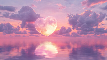 Poster - Illustration of a large heart reflected on a serene water surface surrounded by soft clouds in a pastel sky during sunset for love.