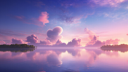 Poster - Scenic view of a heart-shaped cloud formation over a tranquil lake with surrounding islands under a colorful sky at sunset for travel.