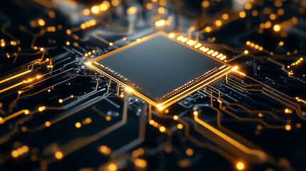 Poster - A detailed view of a microchip surrounded by glowing circuitry, showcasing technology in a dark environment