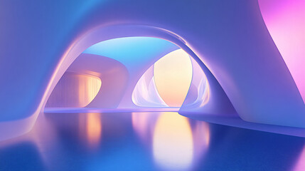 Poster - An abstract interior scene features flowing organic shapes illuminated by soft pastel lights, creating a surreal and futuristic atmosphere for graphic resources.