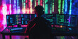 © Keopaserth - person is immersed in programming, surrounded by multiple screens displaying colorful code and data. vibrant lights create dynamic atmosphere, enhancing focus on coding and technology
