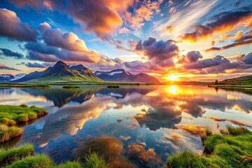 Poster - Breathtaking Double Exposure of Sunrise Over a Tranquil Lake in Iceland, Merging Natural Beauty and Serenity with Vibrant Colors and Reflections in the Water
