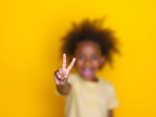 Poster - Excited Black Elementary School Girl Gesturing Victory Sign On Yellow Studio Background. Little Winner Concept