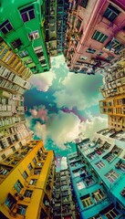 Poster - Vibrant urban landscape with green and yellow buildings in a stunning fisheye perspective