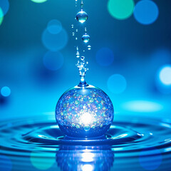 Poster - A stunning image captures a water droplet creating ripples on a surface, reflecting colorful lights and bubbles, creating a mesmerizing and vibrant underwater atmosphere for photography.
