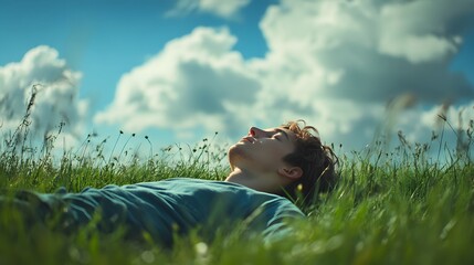a person lying in a field of grass, staring up at the clouds, daydreaming on a peaceful sunday, sund