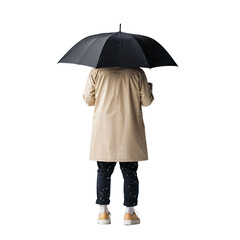 embracing the rain: a stylish figure with a black umbrella and a tan raincoat in a show of resilienc