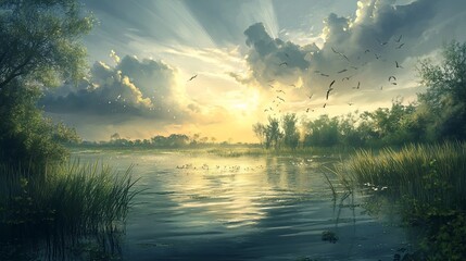 Poster - A serene landscape with a lake, lush greenery, and a breathtaking sunrise casting golden rays through the clouds, creating a magical ambiance.