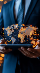 Poster - A businessman presents a tablet featuring a vibrant world map illuminated by network connections at a business event