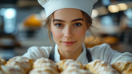 Smiling baker presenting freshly baked pastries in a kitchen, wearing chef attire with blurred background.