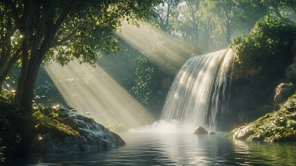 Poster - A cascading waterfall flows into a serene pool surrounded by lush greenery, bathed in the golden light of the sun filtering through the trees.