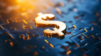 Poster - A shiny dollar symbol rests on intricate puzzle pieces, representing the complexity of financial decisions at sunset