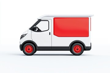 Delivery van with a red cargo area, side view on a white isolated background.