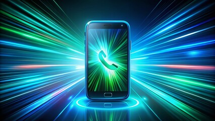 Poster - Captivating Long Exposure of a Blue and Green Gradient Phone Icon Glowing with Vibrant Light Trails in a Modern Digital Art Style