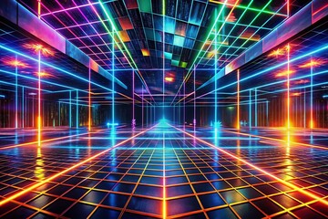 Poster - Captivating Long Exposure of a Virtual Reality Grid with Luminous Pathways and Neon Lights, Showcasing a Futuristic Digital Landscape and Immersive 3D Depth Effect