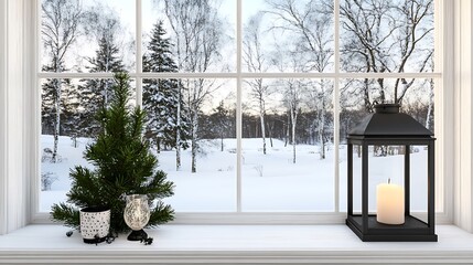 Wall Mural - A cozy winter scene with a candle lantern and a small Christmas tree