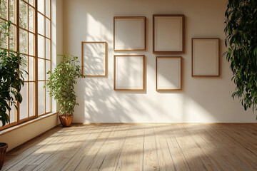 Wall Mural - Rectangular frame mockup in minimalist interior. Three empty frames with natural sunlight on white wall. Generated by artificial intelligence