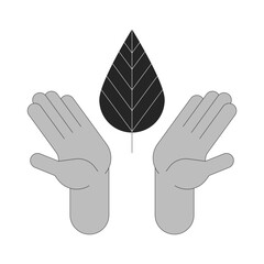 Poster - Hands holding leaf outline illustration. Sustainability support. Conscious eco friendly environment protection. Saving plant isolated 2D vector image black and white. Monochromatic drawing clip art