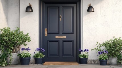  Modern house entry featuring a navy door and small violet pots for a stylish look.