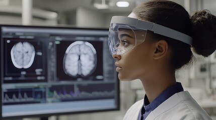 Poster - A scientist analyzes brain scans on a monitor, showcasing research in neuroscience.