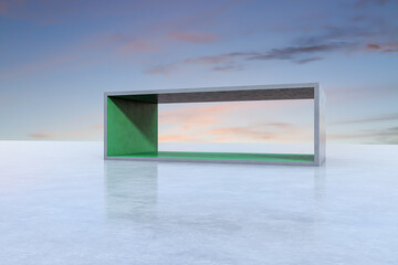 Poster - Abstract green concrete exhibition space with empty mock up place and sunset sky background. Creativity and modern art concept. 3D Rendering.