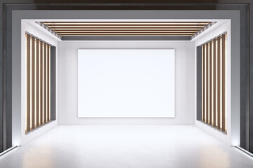 Poster - Creative white theater stage design with empty mock up banner. Performance and act concept. 3D Rendering.