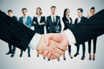 Aufkleber - Attractive caucasian businessmen and women, handshake, success and partnership concept on light background.