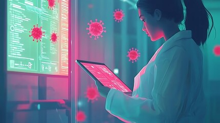 Poster - A scientist analyzes data on a tablet, surrounded by digital representations of viruses.