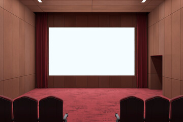 Poster - Modern red carpet wooden cinema hall with empty white mock up place on screen. 3D Rendering.