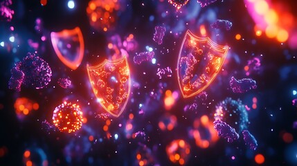 Poster - Colorful digital representation of immune cells and shields symbolizing protection.