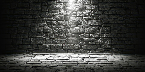 Poster - A dark room with a brick wall and a light shining on it