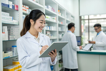 Wall Mural - Young asian Pharmacist woman using tablet for inventory update medicine ingredients