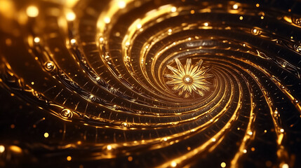Poster - Intricate golden swirls envelop a central floral design, creating a captivating, shimmering effect in fantasy art