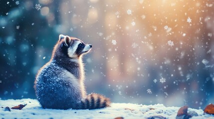 raccoon with snowflakes on fur, sitting on a snowy ground, soft natural light, blurred background.